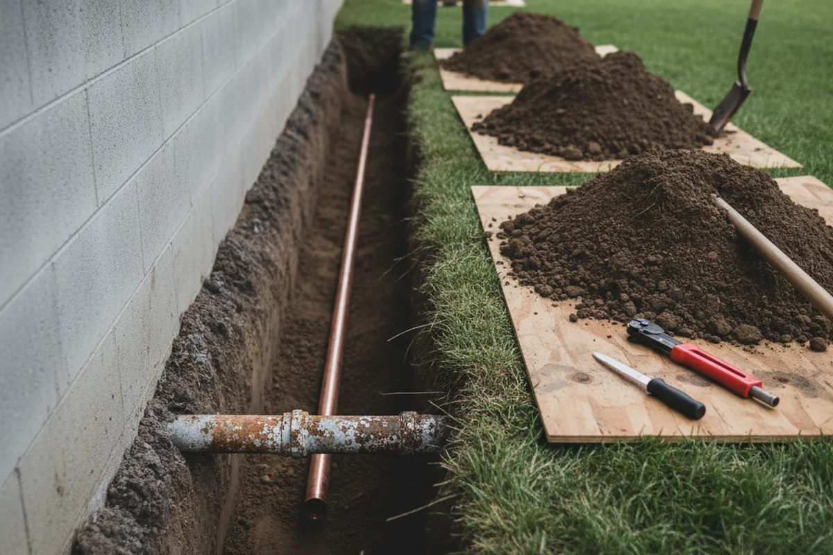 Excavated water line trench during Water Heater Repair in Wallingford
